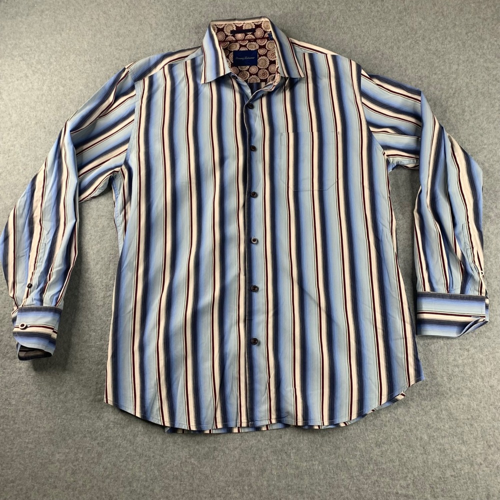 Tommy Bahama Button Down Shirt Mens Medium Blue Striped Cotton Silk Long Sleeve